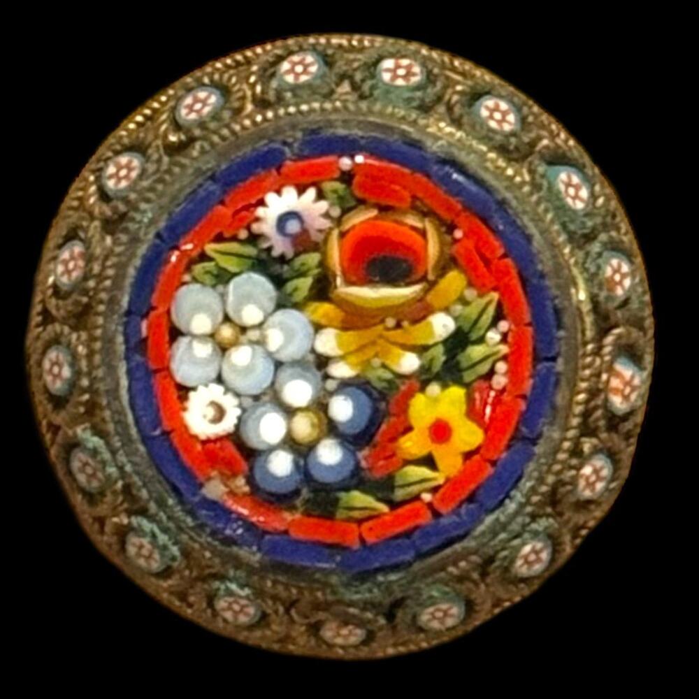 Vintage Italy Micro Mosaic Pin Round Brooch Pin Flower Metal Frame,